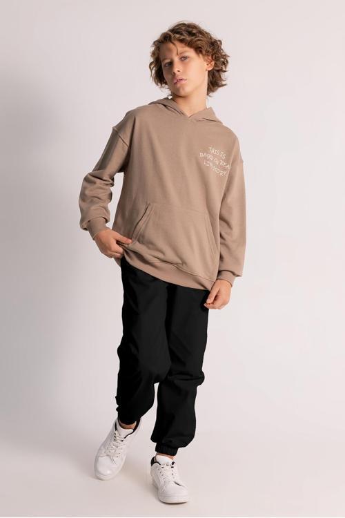 Erkek Çocuk Vizon Kapüşonlu Baskılı Eşofman Takımı Alt Üst 2 Parça 4036