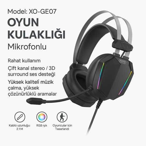 GE07 RGB Işıklı Mikrofonlu Oyuncu Kulaklığı – 3D Surround Ses, PC Uyumlu Kablolu
