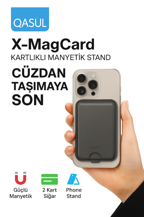  Deri Kartlıklı Manyetik Telefon Standı Güçlü Mıknatıs, 2 Kart Kapasiteli, İnce ve Dayanıklı