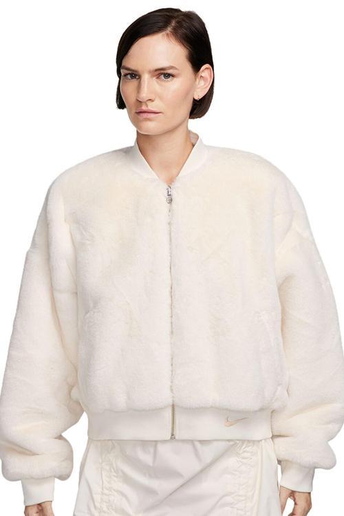 Sportswear Faux Fur Bomber Reversible Oversize Jacket Kadın Oversize Suni Kürk Çift Taraflı Ceket Açık Krem