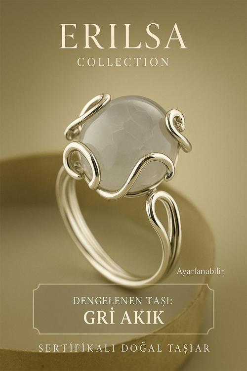 Sertifikalı Doğal Gri Akik Taşı Yüzük – Ayarlanabilir Şık Tasarım – Denge ve Enerji