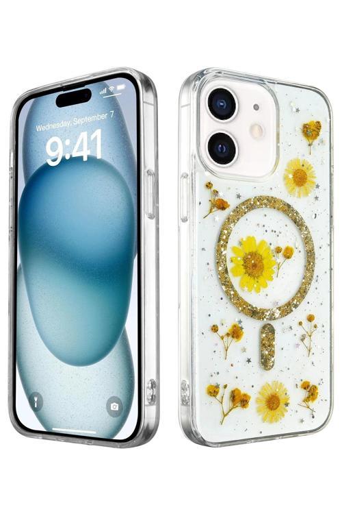 iPhone 12 Kılıf Daisy Simli Magsafe Kapak - Gold