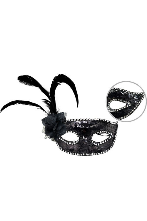 Siyah Renk Yandan Tüylü Güllü Gümüş Taşlı Pullu Maske 20X22 Cm