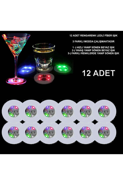 Renkli Led Işıklı Bardak Altlığı - Dekoratif (12 Adet, Pilli) - Lisinya