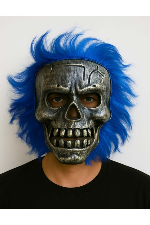Wild Skull - Gümüş Kafatası Mavi Saçlı İskelet Maske
