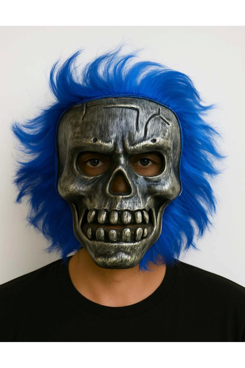 Wild Skull - Gümüş Kafatası Mavi Saçlı İskelet Maske - Lisinya