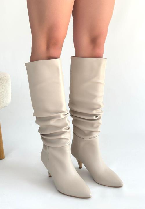 Bej Cilt Topuklu Çizme