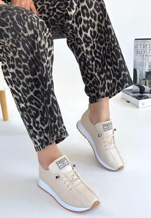 Bej Cilt Bağcıklı Spor Ayakkabı