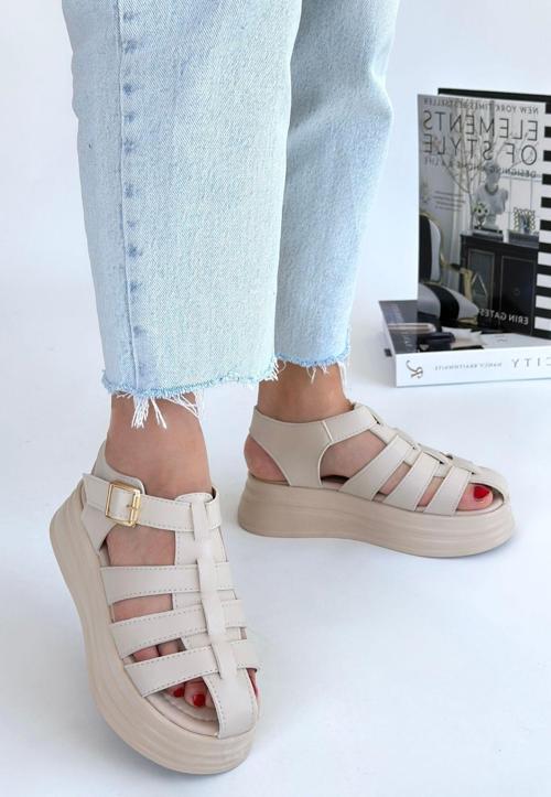 Bej Cilt Kemerli Sandalet