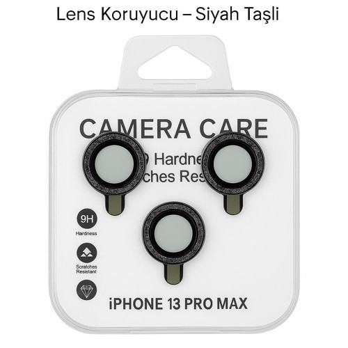 iPhone 13 Pro Max Kamera Lens Koruyucu – Siyah Taşlı (3’lü Set)