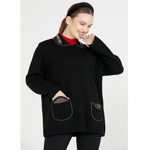 Bebe Yaka Nakışlı Bayan Triko Ceket