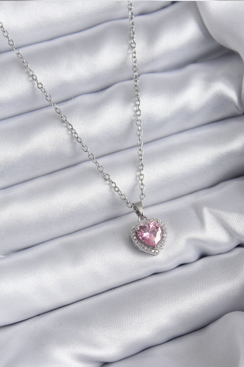 316L Çelik Zincir Gümüş Renk Pembe Zirkon Taş Charm Model Kadın Kolye - Tj-Bko7853