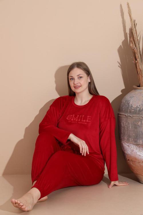 Kadın KIŞLIK Fransız Kadife Büyük Beden Bisiklet Yaka Uzun Kol Pijama Takımı 03130 - 1 Adet