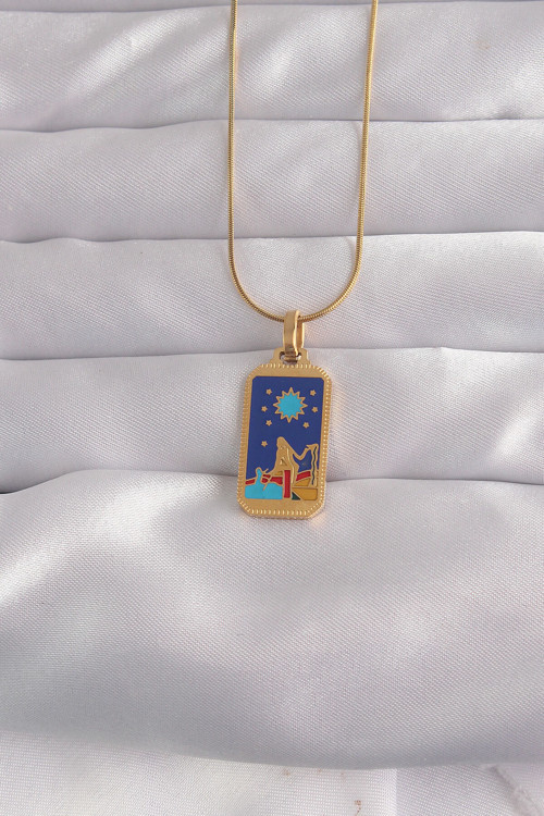 316L Çelik Gold Renk Mavi Mineli Kız Figür Tarot Kolye - Tj-Bko9033
