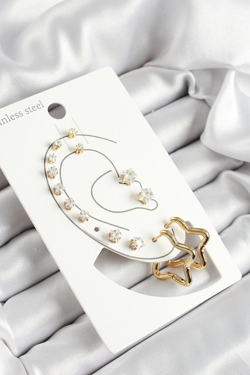 316L Çelik Yıldız Figürlü Ve Zirkon Taşlı Gold Renk 7'Li Çift Kadın Küpe Set - Tj-Bkp10640