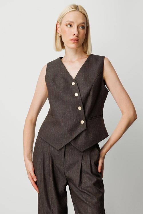 Kadın Çizgi Desenli V Yaka Yelek 5109 Kahverengi