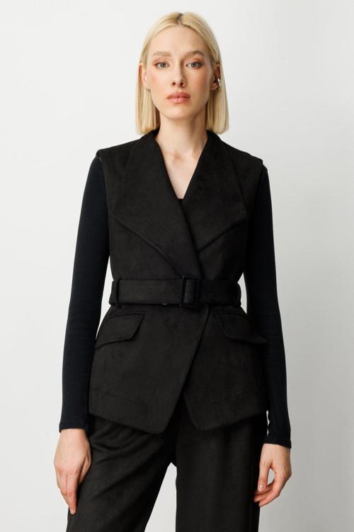 Kadın Beli Kemerli Kapak Cepli Yelek 5065 Siyah