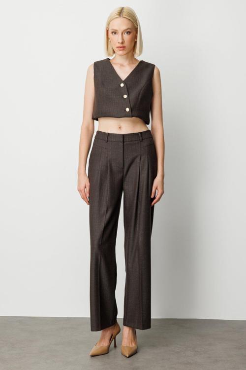 Kadın Çizgi Desenli Wide Leg Pantolon 5111 Kahverengi