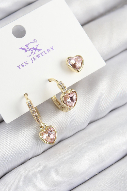 Pirinç Zirkon Taşlı 3'Lü Pembe Kalp Model Gold Renk Kadın Küpe - Tj-Bkp11147