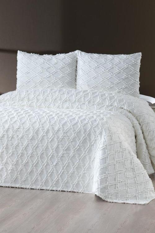 Puffy Yakut 3 Parça Çift Kişilik Yatak Örtüsü, Pike Örtüsü (250x260)-Krem