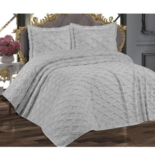 Puffy Yakut 3 Parça Çift Kişilik Yatak Örtüsü, Pike Örtüsü (250x260)-Gri