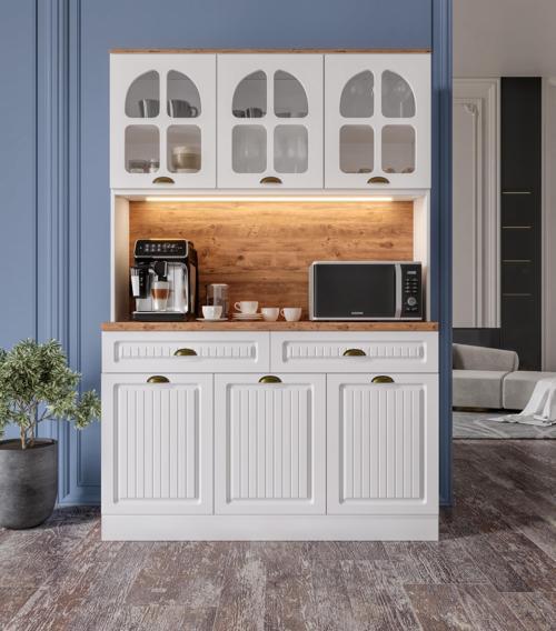 Ücretsiz Montaj Efes 140 cm Komple MDF Led Işıklı Kahve Köşesi Çok Amaçlı Dolap