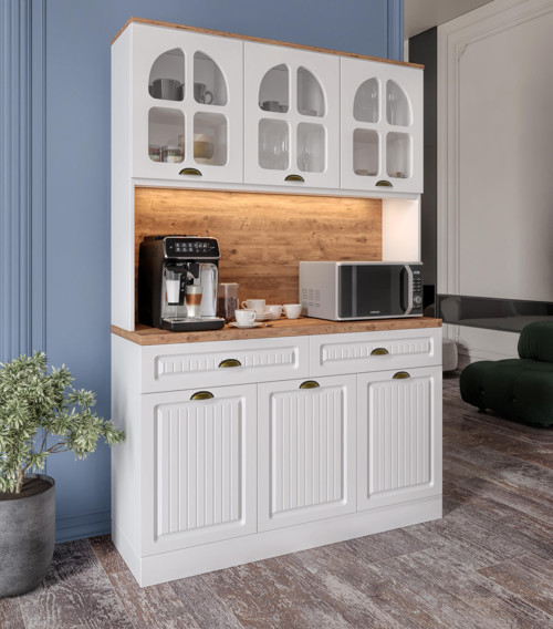 Ücretsiz Montaj Efes 140 cm Komple MDF Led Işıklı Kahve Köşesi Çok Amaçlı Dolap