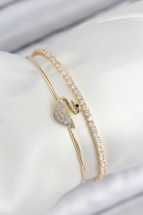 Pirinç Zirkon Taşlı Kuğu Model Gold Renk Kadın Bileklik - Tj-Bb7889
