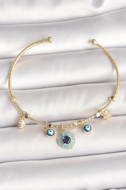 Pirinç Gold Renk Zirkon Taşlı Nazar Boncuk Detay Charm Kadın Bileklik - Tj-Bb6883