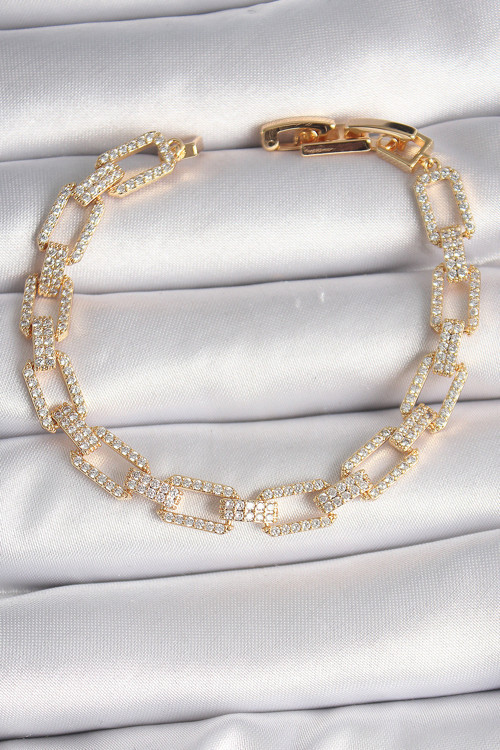 Pirinç Gold Renk Zirkon Taşlı Zincir Model Vıp Seri Kadın Bileklik - Tj-Bb6492
