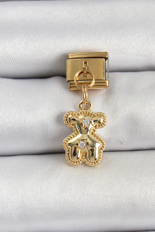 316L Çelik Sallantılı Zirkon Taşlı Ayıcık Model Gold Renk Nomination Charm - Tj-Bc1410