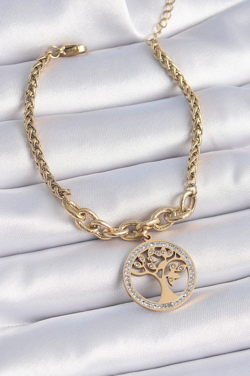 316L Çelik Gold Renk Zirkon Taşlı Yaşam Ağacı Figür Kadın Bileklik - Tj-Bb6452