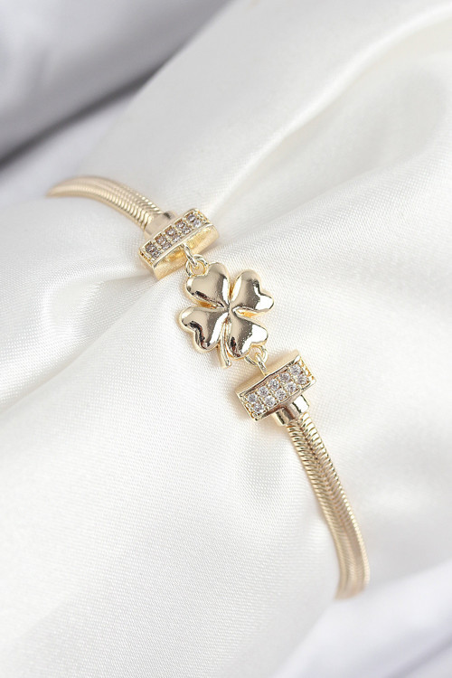 Pirinç Zirkon Taşlı Yonca Model Gold Renk Kadın Bileklik - Tj-Bb7897