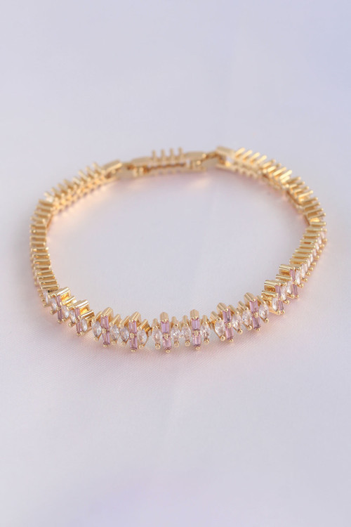 Vip Seri Pirinç Pembe Zirkon Taşlı Gold Renk Baget Model Bileklik - Tj-Bb6078