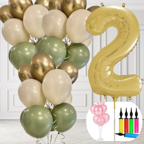 2 Yaş Balon Standlı Ve Pompalı Retro Küf Yeşili Krom Gold Kum Beji Balon Seti Gold Rakam Süsleme