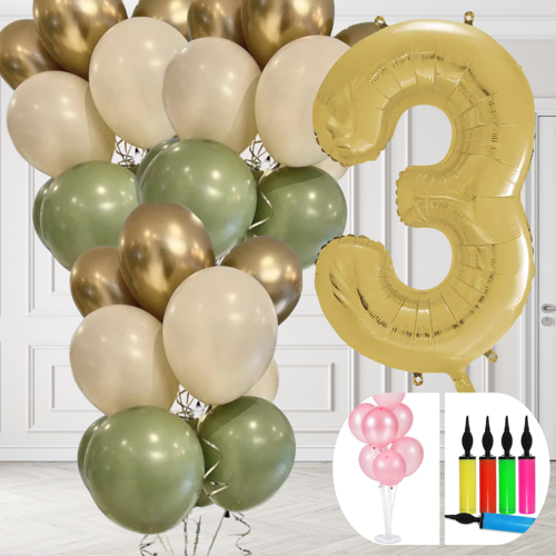 3 Yaş Balon Standlı Ve Pompalı Retro Küf Yeşili Krom Gold Kum Beji Balon Seti Gold Rakam Süsleme