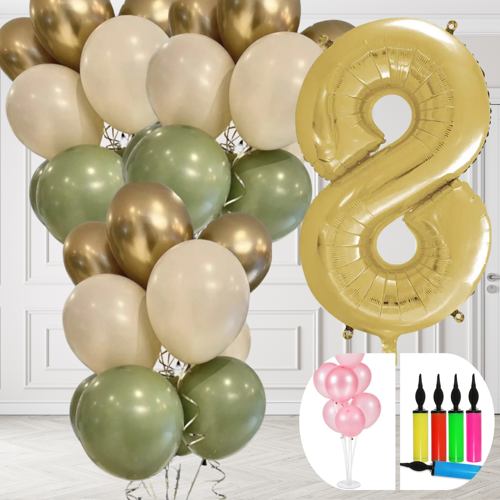 8 Yaş Balon Standlı Ve Pompalı Retro Küf Yeşili Krom Gold Kum Beji Balon Seti Gold Rakam Süsleme