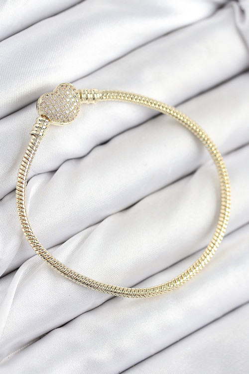 Pirinç Charm Zirkon Taşlı Kalp Model Gold Renk Kadın Bileklik - Tj-Bb7809