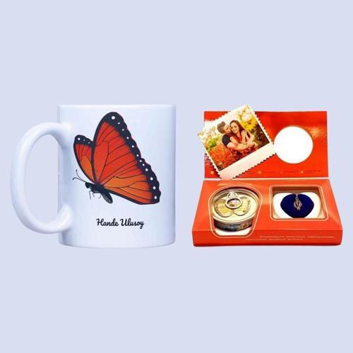 Kişiye Özel Fotoğraflı Hediye Seti | İstiridye Kolye ve Kelebek Tasarımlı Kupa