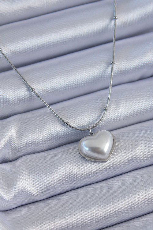 316L Çelik Gümüş Renk İncili Kalp Model Minimal Top Detay Kadın Kolye - Tj-Bko7614