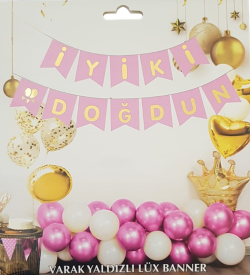 Pembe Altın Yaldızlı İyiki Doğdun Uzar Banner