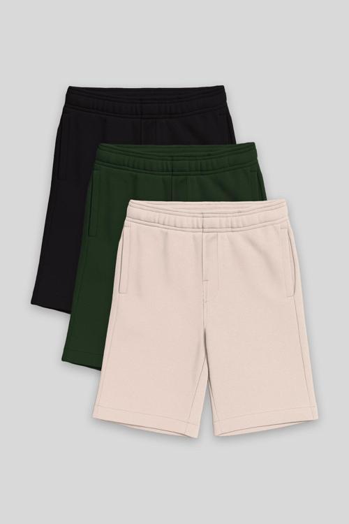 Standart Fit Basic 3lü Paket Siyah-Çam Yeşili-Bej Erkek Çocuk Şort - 11293