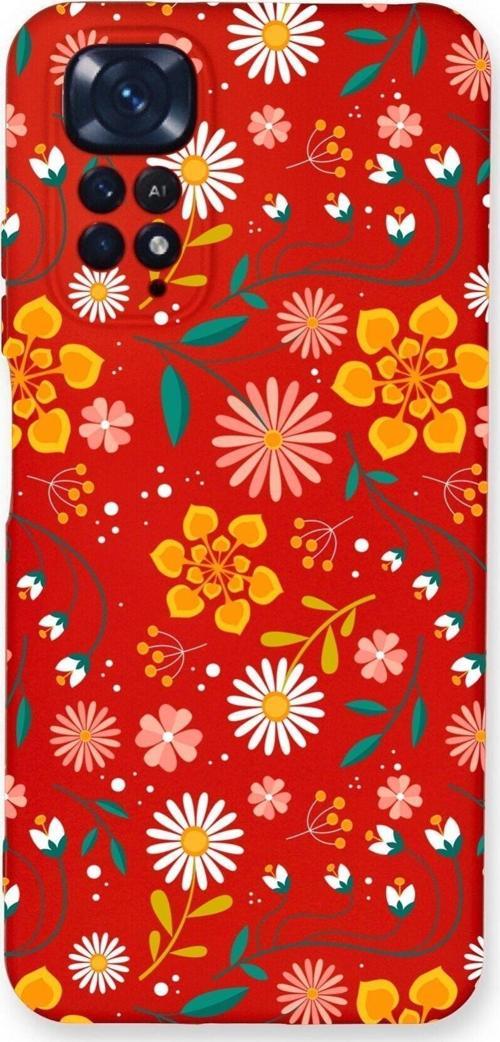 Xiaomi Redmi Note 11 Pro Uyumlu Lansman Kılıf Çiçek Tasarımlı Içi Kadife Kapak-Kırmızı