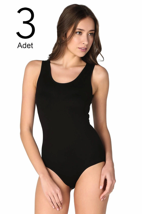 Kadın Siyah 3'Lü Paket Geniş Askılı Likralı Kancalı Çıtçıtlı Body Zıbın