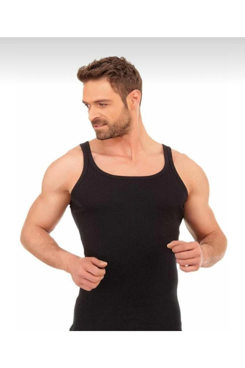 Erkek Siyah 6"Lı Ince Askılı Fitilli Kaşkorse Atlet 1044