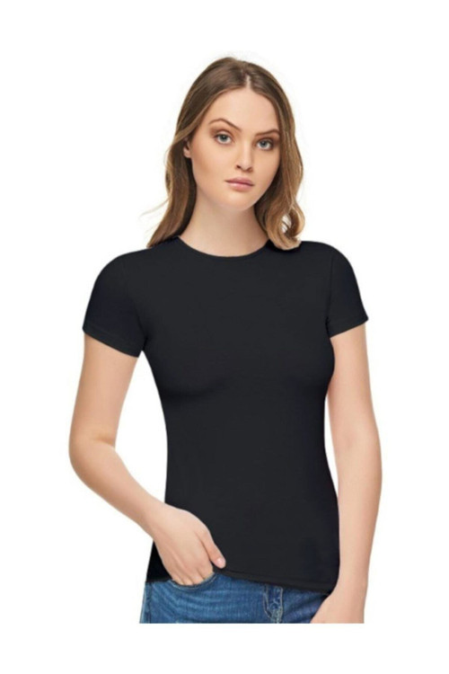 Kadın Siyah Sıfır Yaka Likralı Kısa Kol T-Shirt