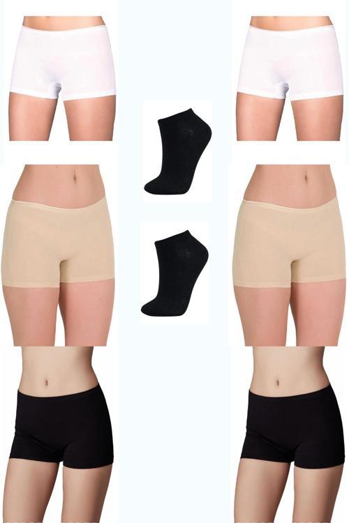 6'Lı Paket Kadın Renkli Likralı Boxer Şort 2 Çift Bambu Patik Çorap Hediyeli