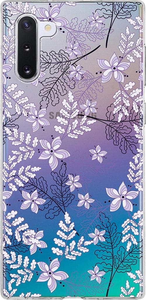 Samsung Galaxy Note 10 Kapak Floral Lila Tasarımlı Şeffaf Silikon Kılıf