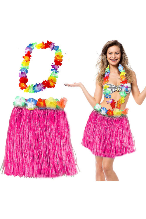 Hawaii Luau Aloha Pembe Püsküllü 40 Cm Etek Ve Hawaii Kolye Seti - Lisinya