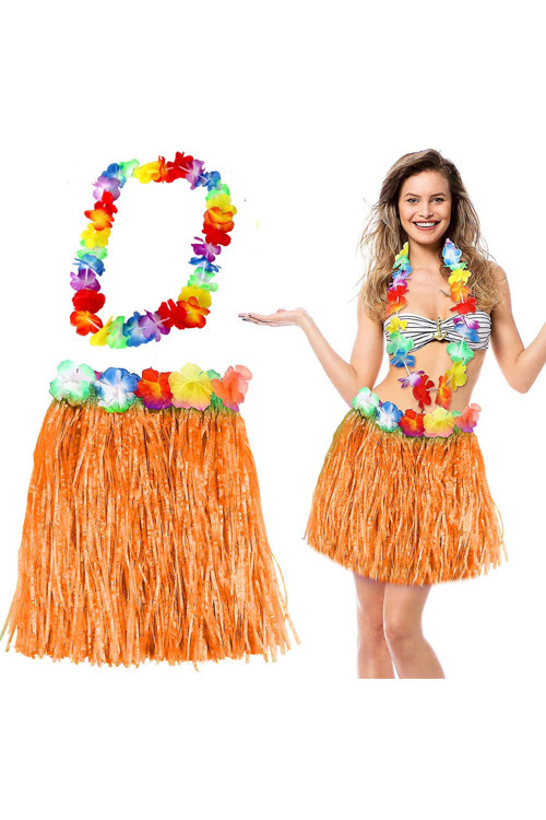 Hawaii Luau Aloha Turuncu Püsküllü 40 Cm Etek Ve Hawaii Kolye Seti - Lisinya